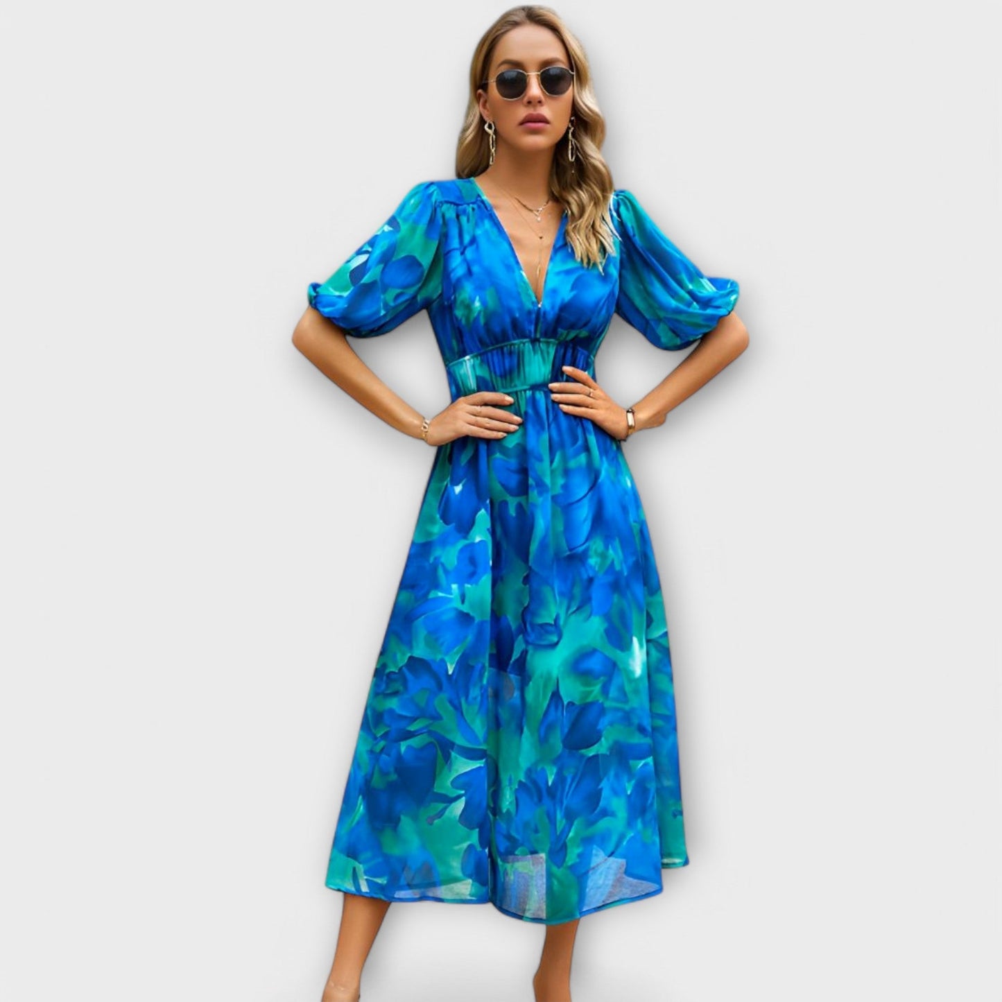 Rosa - Abstraktes Maxi-Kleid mit Puffärmeln 