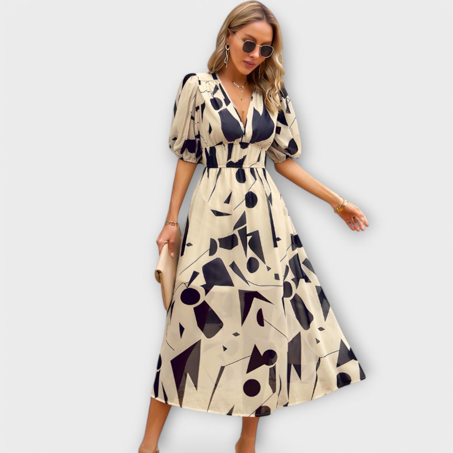 Rosa - Abstraktes Maxi-Kleid mit Puffärmeln 