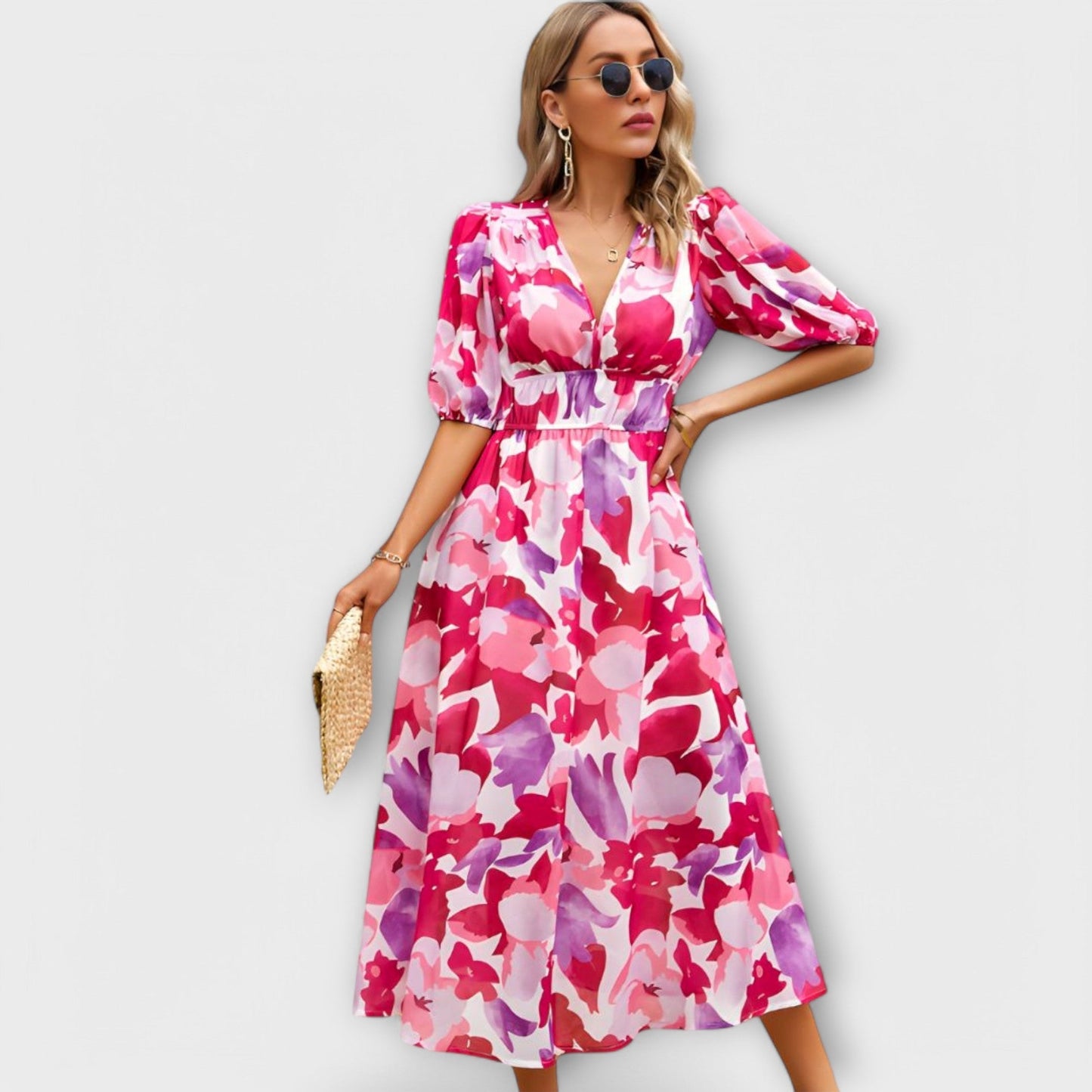 Rosa - Abstraktes Maxi-Kleid mit Puffärmeln 