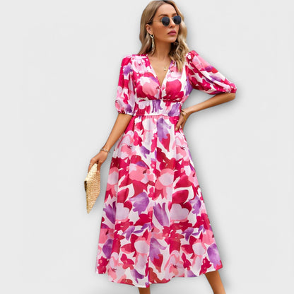 Rosa - Abstraktes Maxi-Kleid mit Puffärmeln 