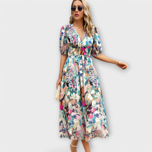 Rosa - Abstraktes Maxi-Kleid mit Puffärmeln 