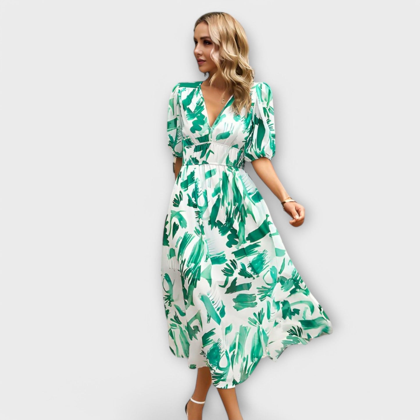 Rosa - Abstraktes Maxi-Kleid mit Puffärmeln 