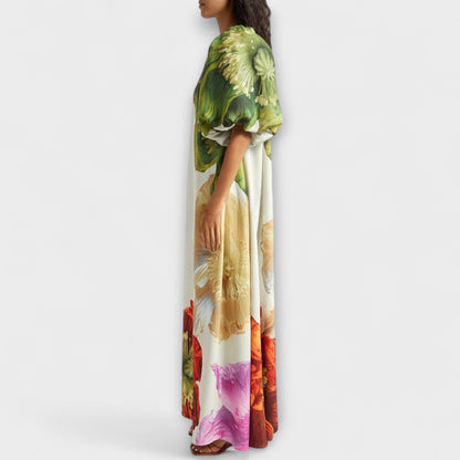 Sabina - Maxikleid mit Blumendruck, schrägem Kragen und Puffärmeln 