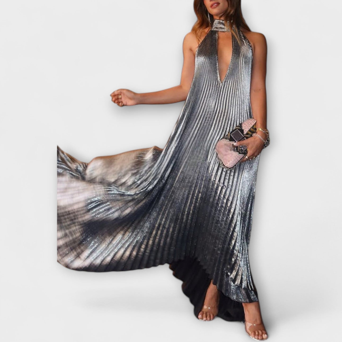Monika - Metallic Falten A-Linie Maxikleid 