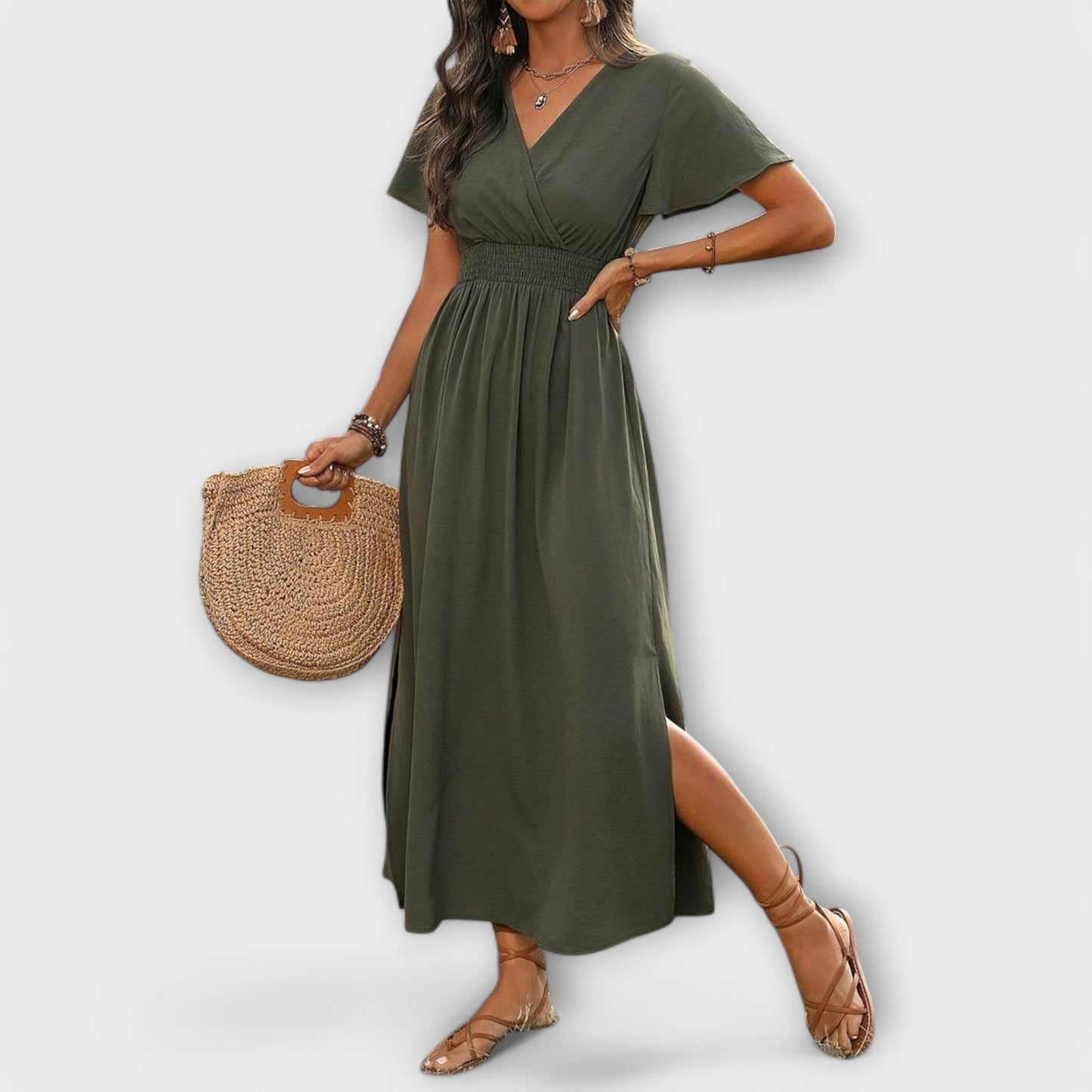 Carline - Elegantes Boho Kleid mit V-Ausschnitt und langen Ärmeln 