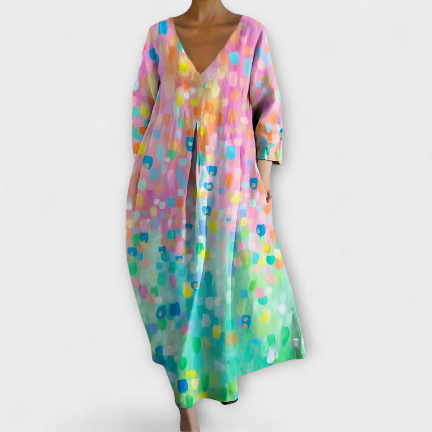 Melinda - Langes, hergestellt aus Kleid mit V-Ausschnitt