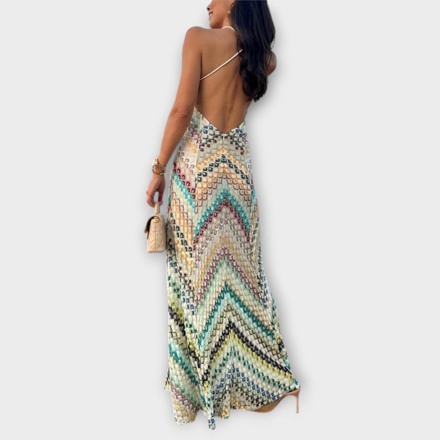 Patricia - Missoni Buntes Fischgrätenmuster Maxikleid 
