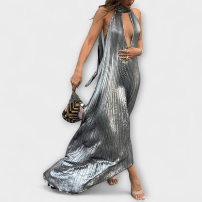 Monika - Metallic Falten A-Linie Maxikleid 