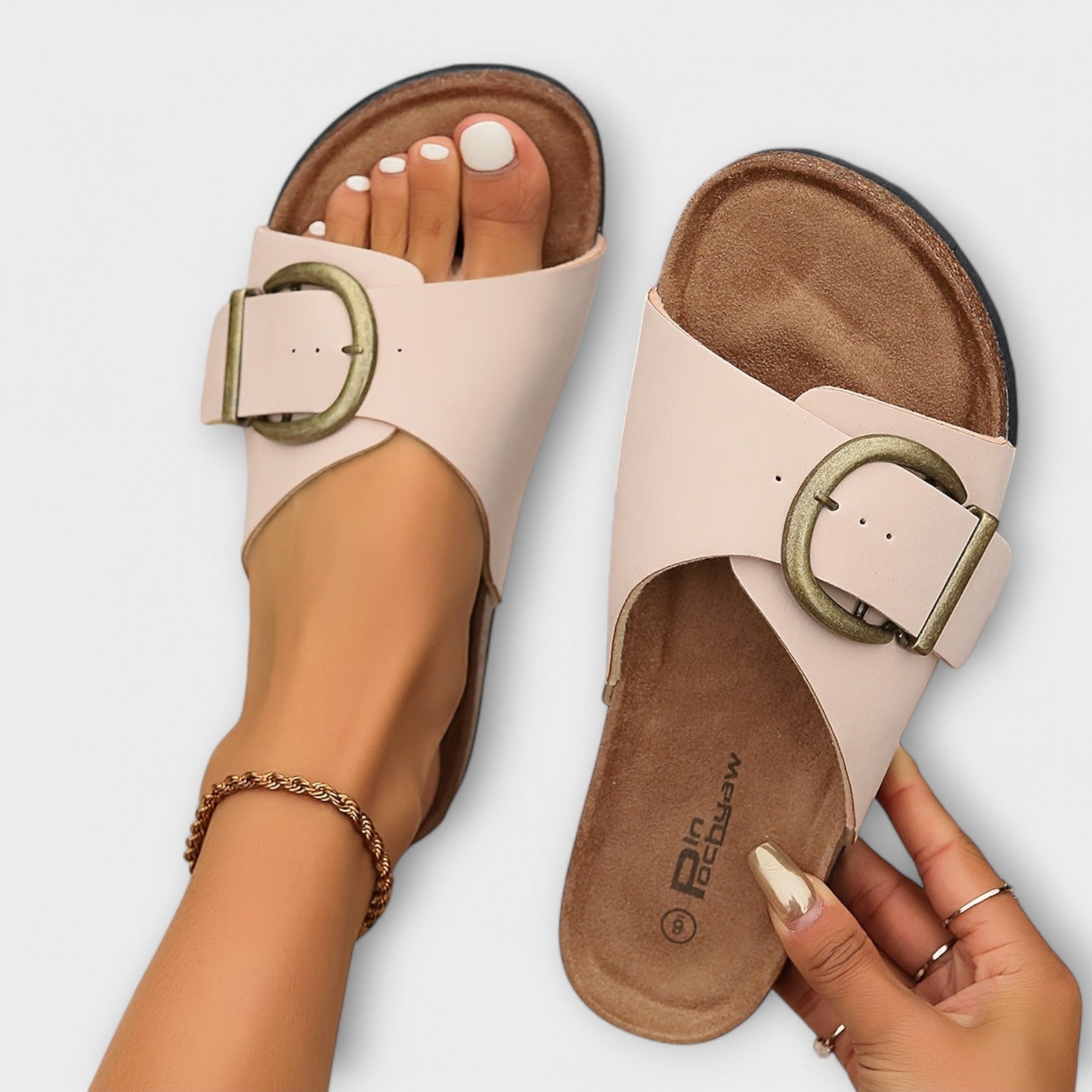 Nanni - Damen Kork Pantoletten mit Schnallenriemen Design