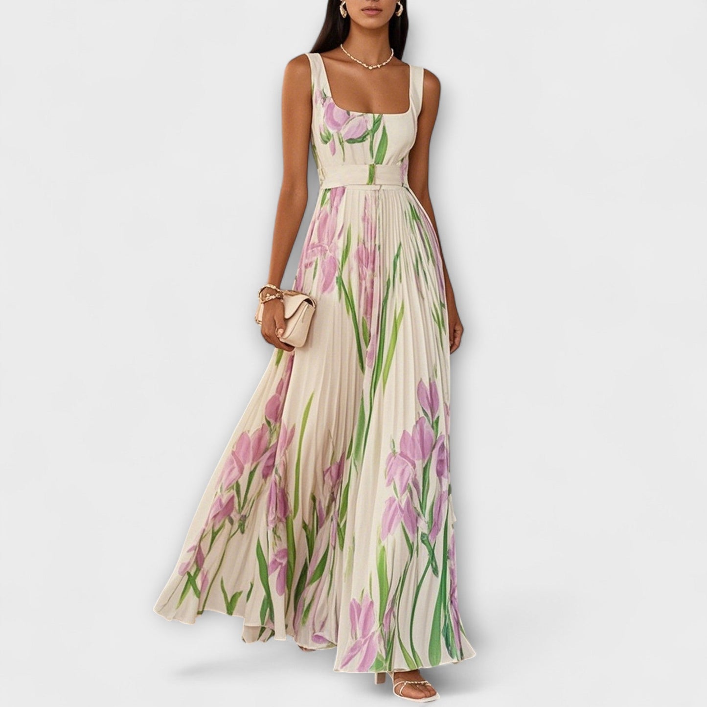 Jenny - Gefaltetes florales Chiffon Maxikleid 