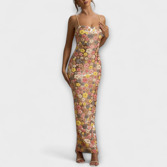 Nadine - Maxi-Kleid mit floralen Pailletten im 80er-Jahre-Stil
