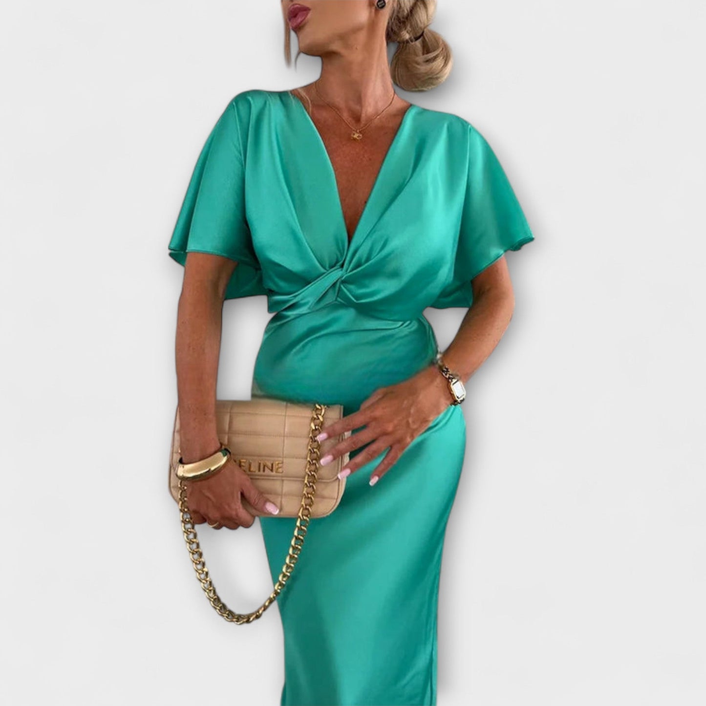 Simone - Solides Satin V-Ausschnitt Kreuzknoten Slim Fit Maxi Kleid 