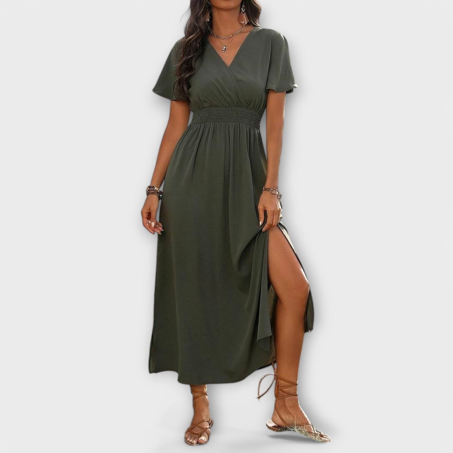 Carline - Elegantes Boho Kleid mit V-Ausschnitt und langen Ärmeln 