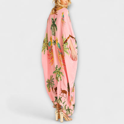 Annika - Auffälliges Kleid mit Schrägen Schultern und Kokosbaum-Print