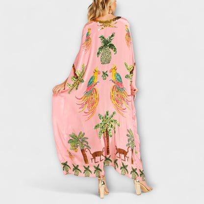 Annika - Auffälliges Kleid mit Schrägen Schultern und Kokosbaum-Print