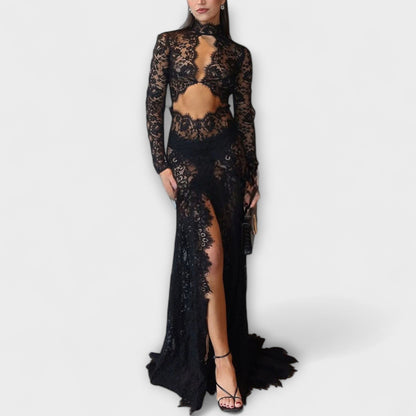 Romy - Midnight Elegance Transparentes Cutout Langarm-Stretch-Maxikleid 