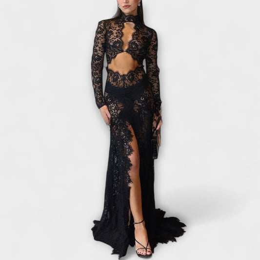 Romy - Midnight Elegance Transparentes Cutout Langarm-Stretch-Maxikleid 