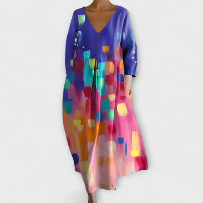 Melinda - Langes, hergestellt aus Kleid mit V-Ausschnitt