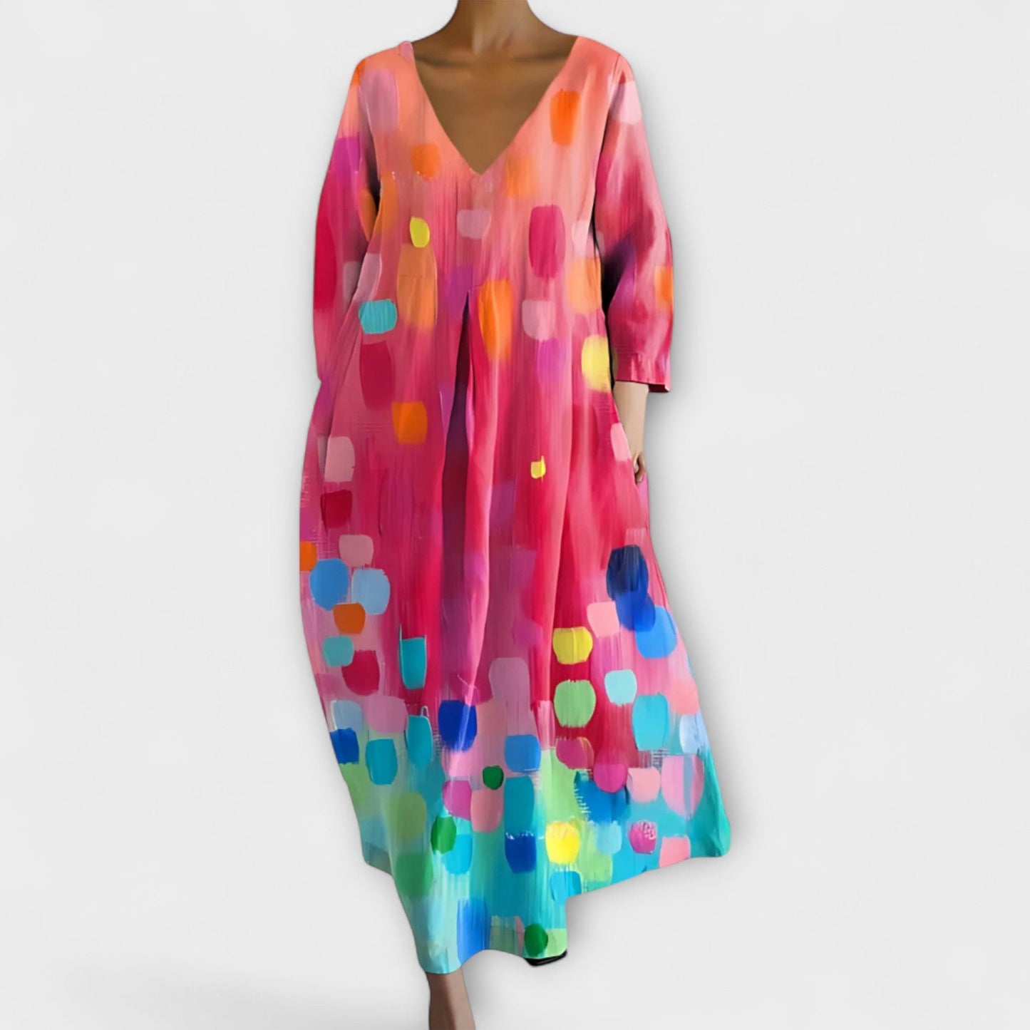 Melinda - Langes, hergestellt aus Kleid mit V-Ausschnitt