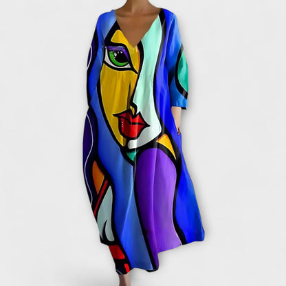 Melinda - Langes, hergestellt aus Kleid mit V-Ausschnitt